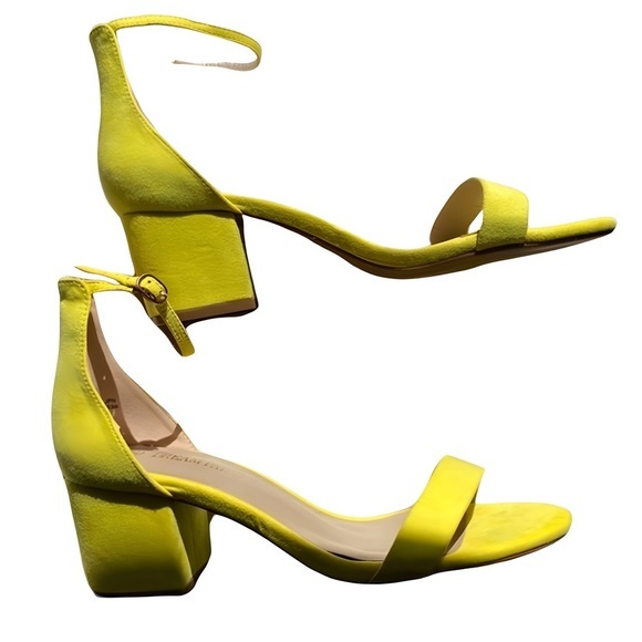 Neon Yellow Open Toe Ankle Strap Low Block Chunky Heels - Size 9.5 by DREAMPAIR‎ - Picture 6 of 6